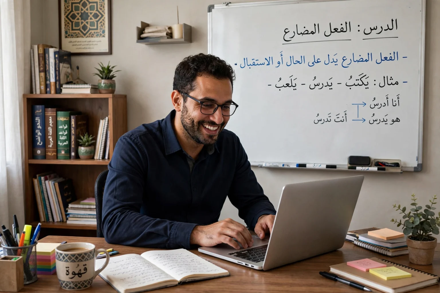 Smiling Arabic teacher giving a live online lesson on his laptop, with an Arabic grammar lesson on the whiteboard behind him